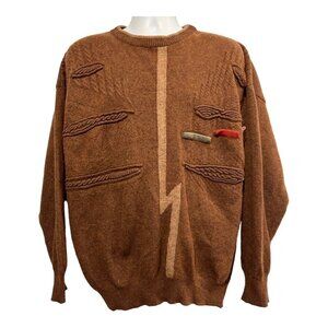 HALIFAKS Mens‎ Wool Blend Sweater Crew Neck Geometric Textured Pattern Brown